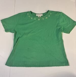 Susan Bristol Knit shirt embroidered flowers Green size small